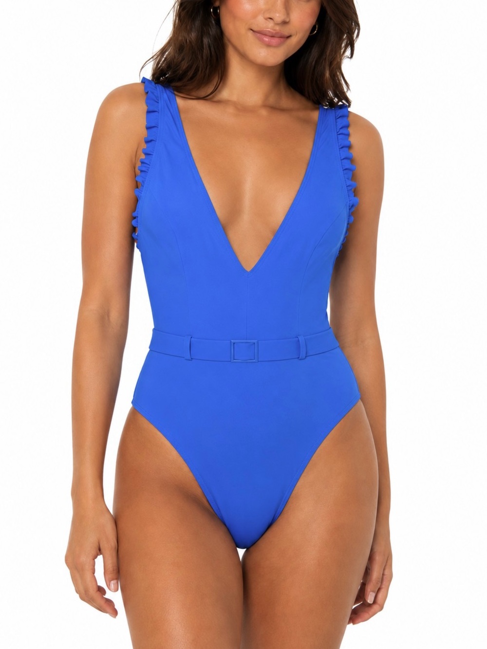 NEW Skinny Dippers By Miraclesuit Ruffle Belted Cinch V-Neck Swimsuit, Size L